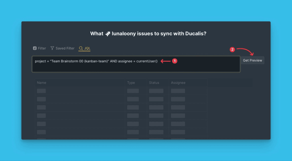 Поле ввода JQL-запроса с кнопкой получения предпросмотра