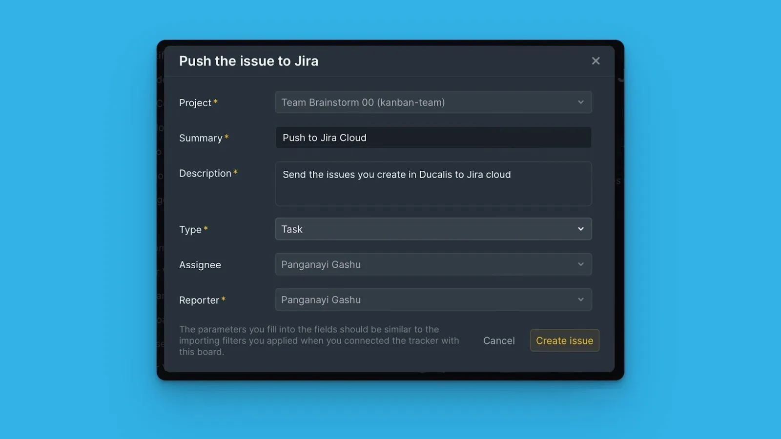 Диалог создания задачи с полями