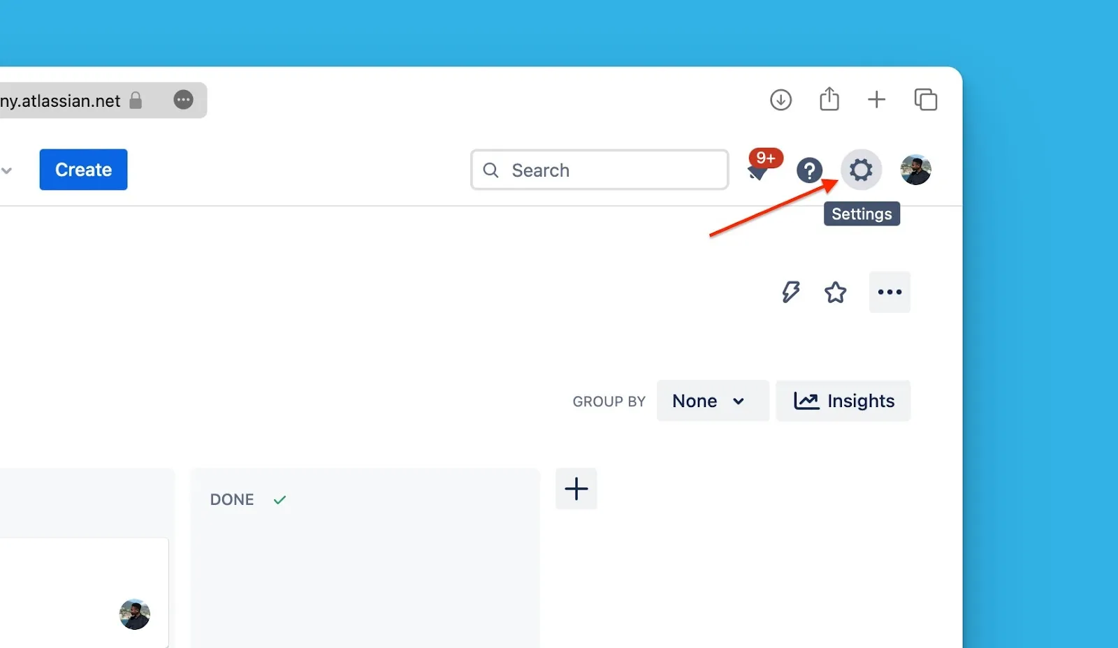 Шестерёнка настроек в навигации Jira Cloud