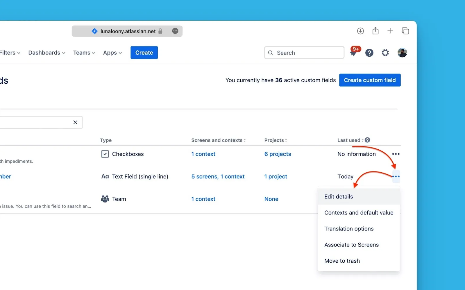 Опция Edit details в меню поля