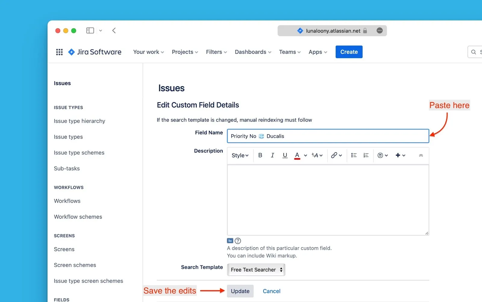 Диалог изменения деталей поля с выделенным полем названия