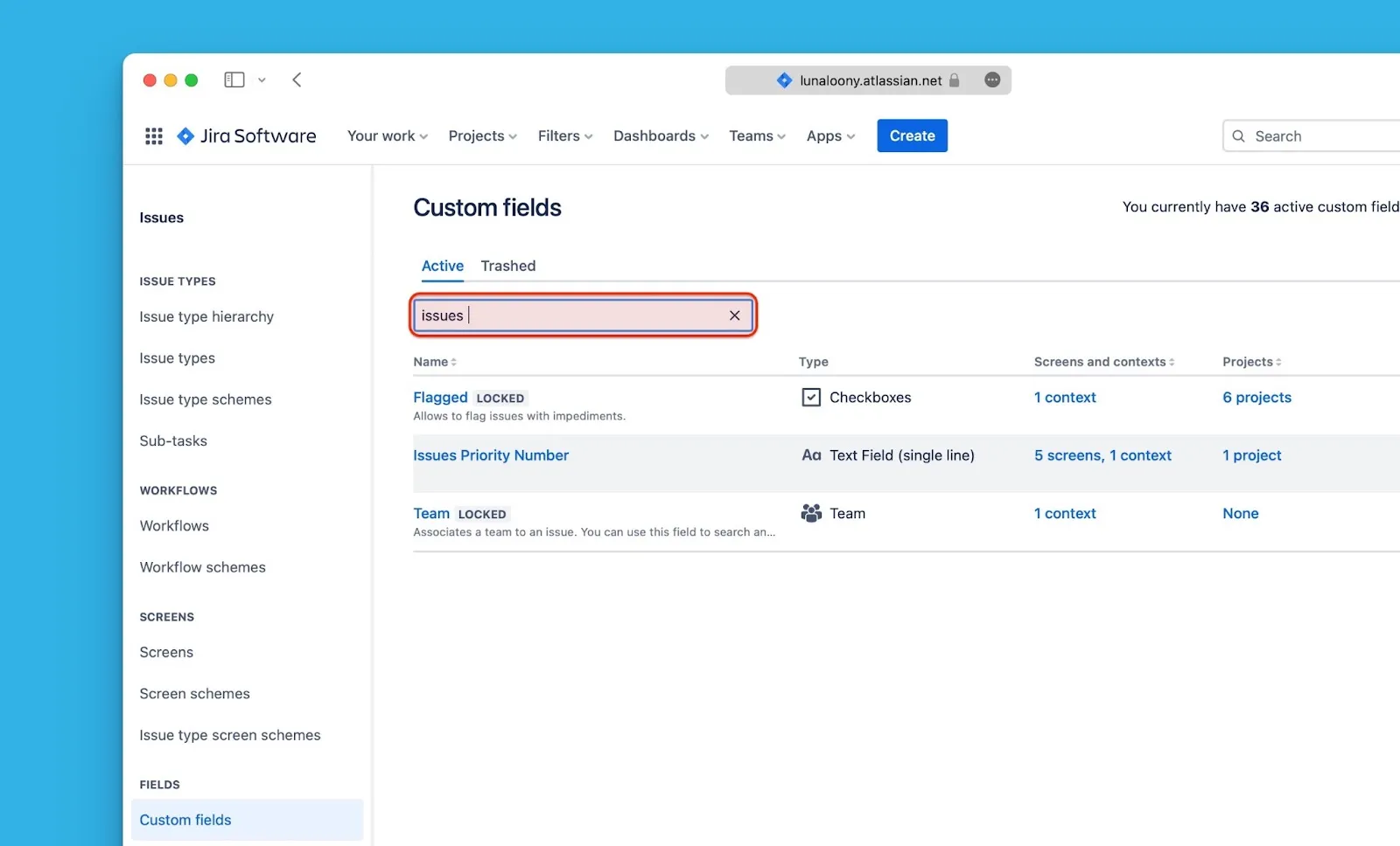 Список кастомных полей с доступными полями