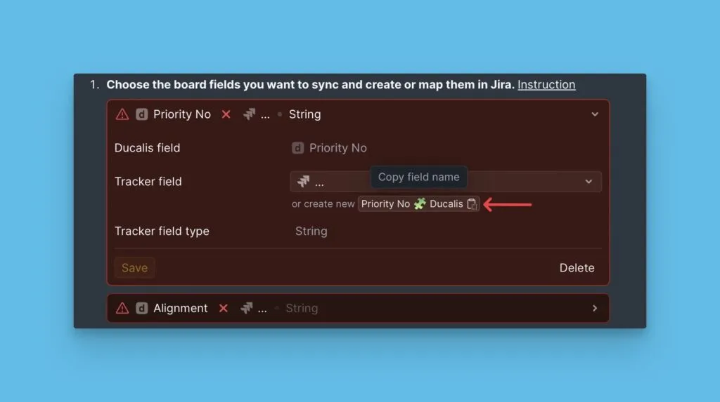 Копирование названия поля из настроек синка