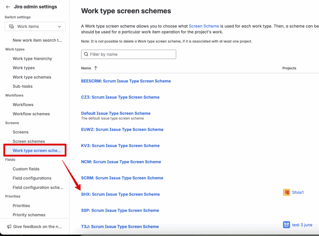 Схемы экранов типов работ, показывающие связи проектов