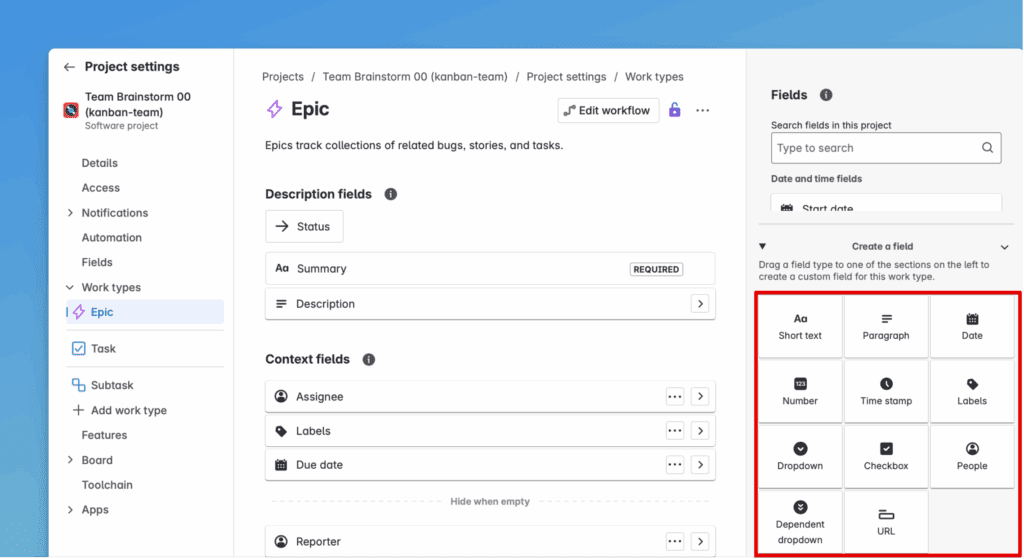 Выбор типа поля
