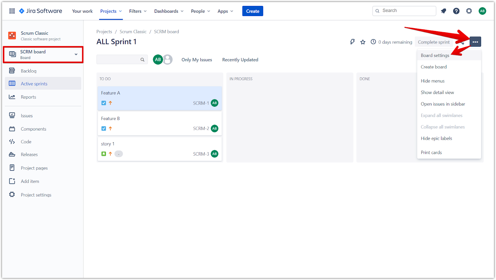 Опция меню настроек доски