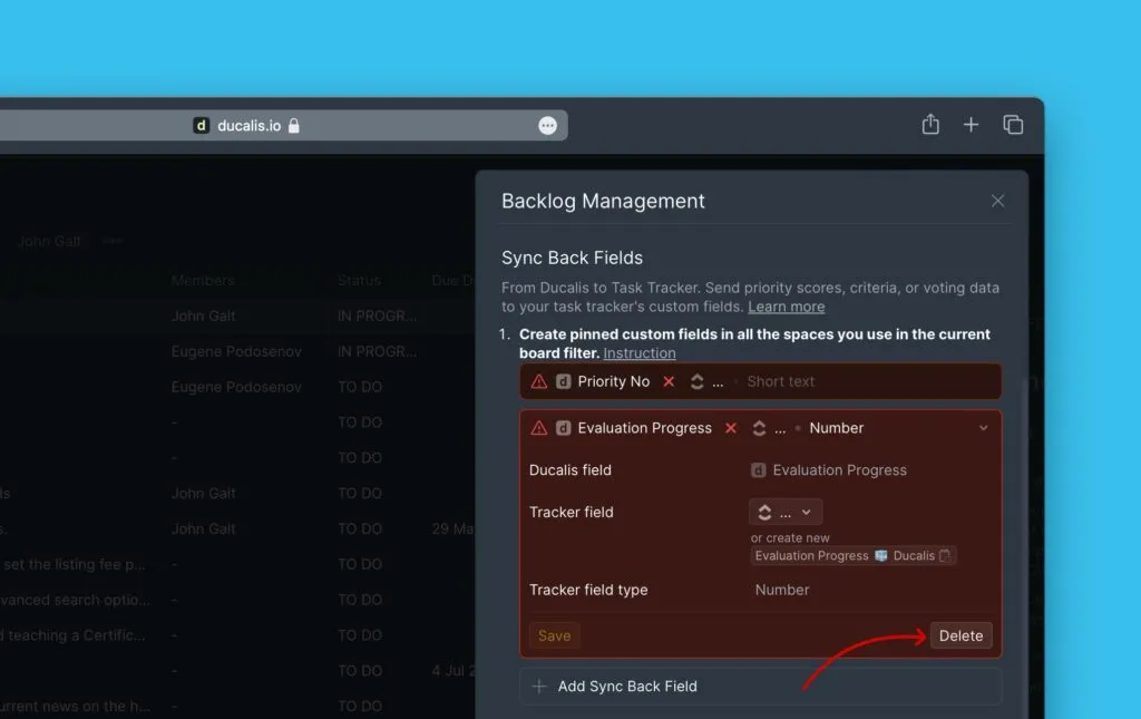 Удаление поля обратного синка по умолчанию