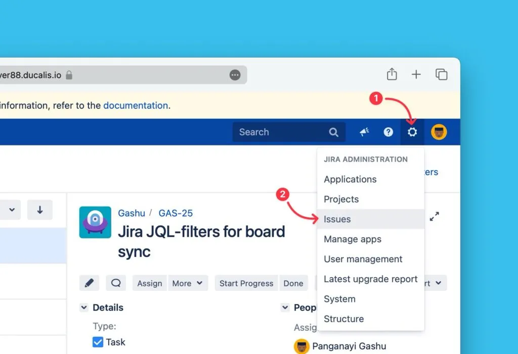 Меню настроек с выделенной опцией Issues