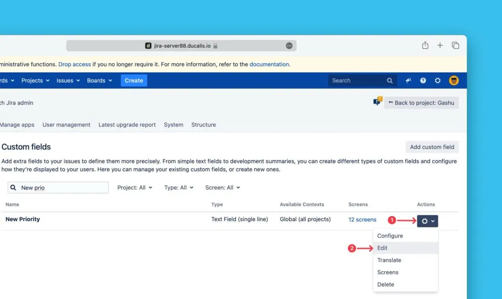 Опция редактирования в меню действий поля