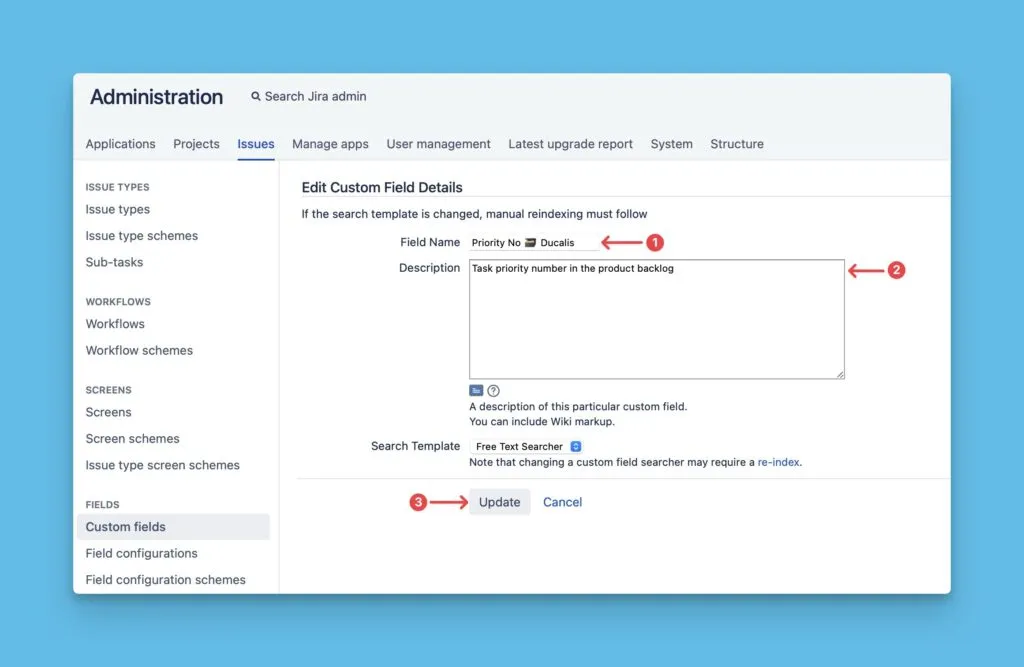Диалог редактирования поля с полями названия и описания