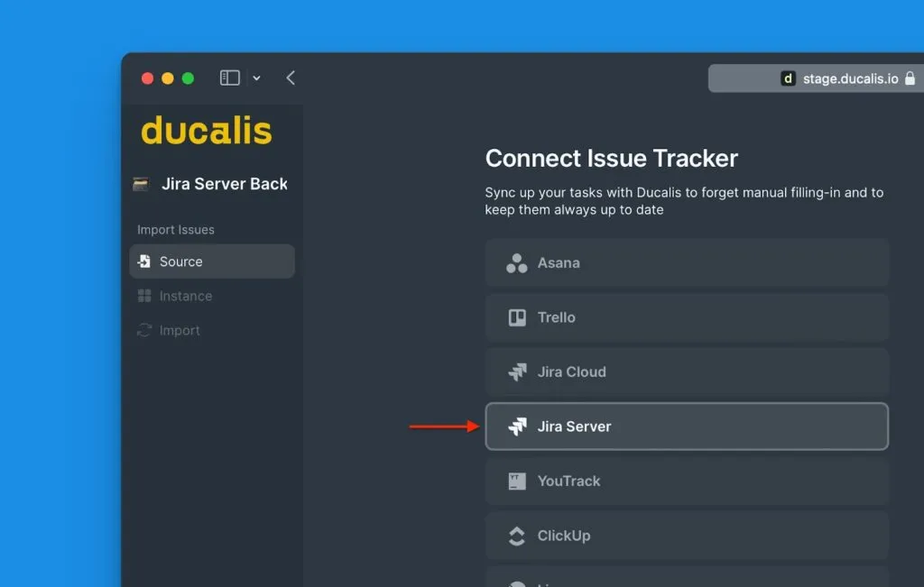 Выбор источника Jira Server