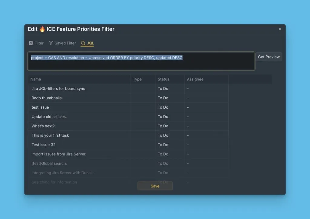 Интерфейс редактирования JQL-запроса