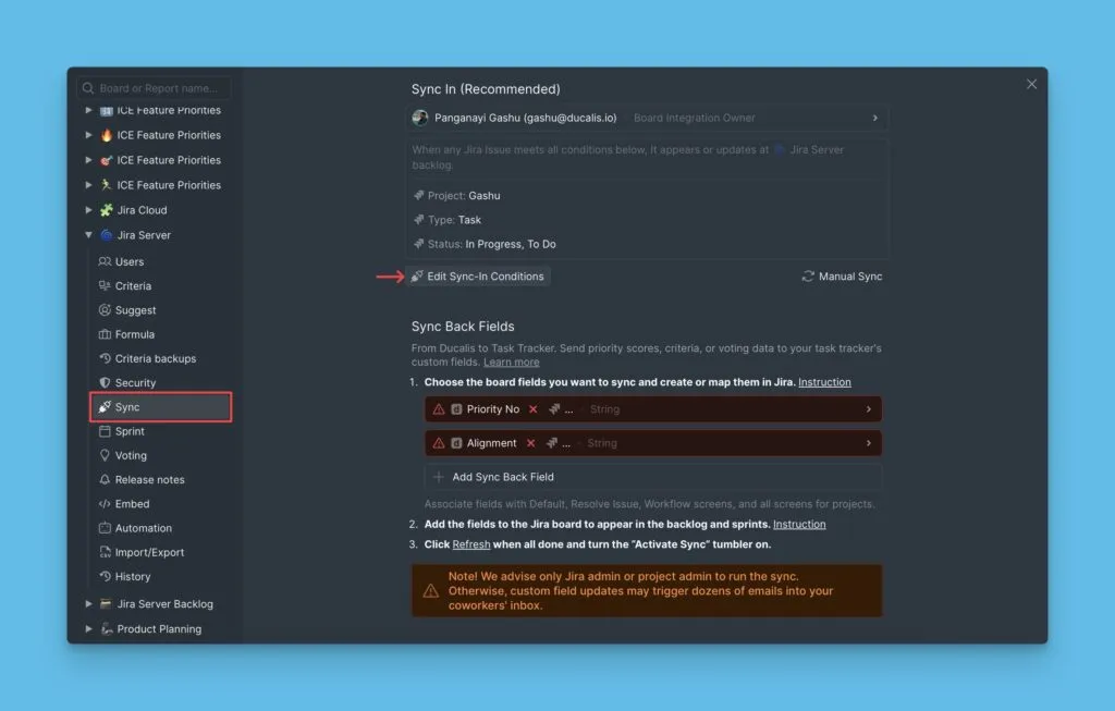 Кнопка редактирования условий входящего синка