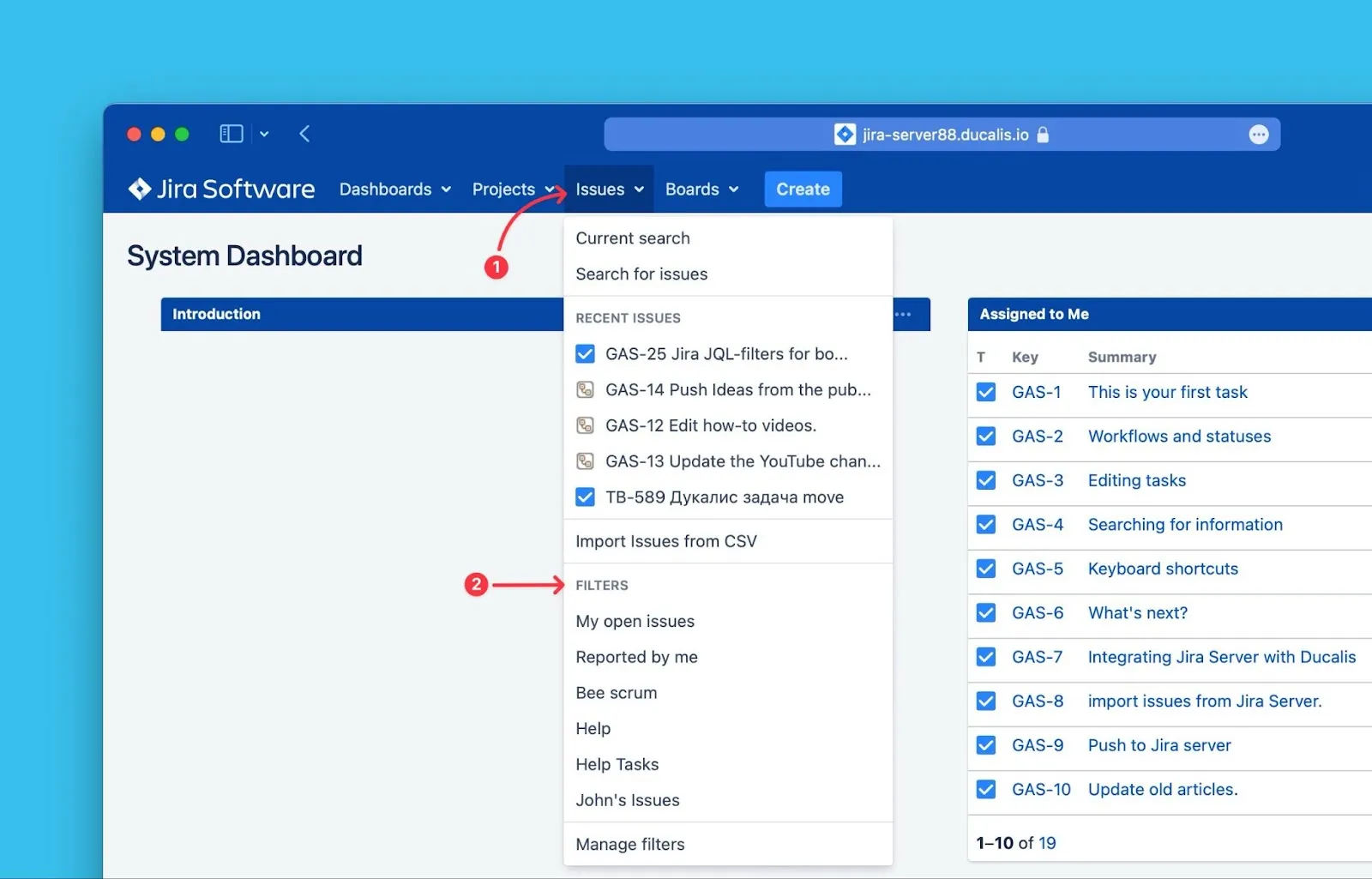Меню задач с опцией фильтров