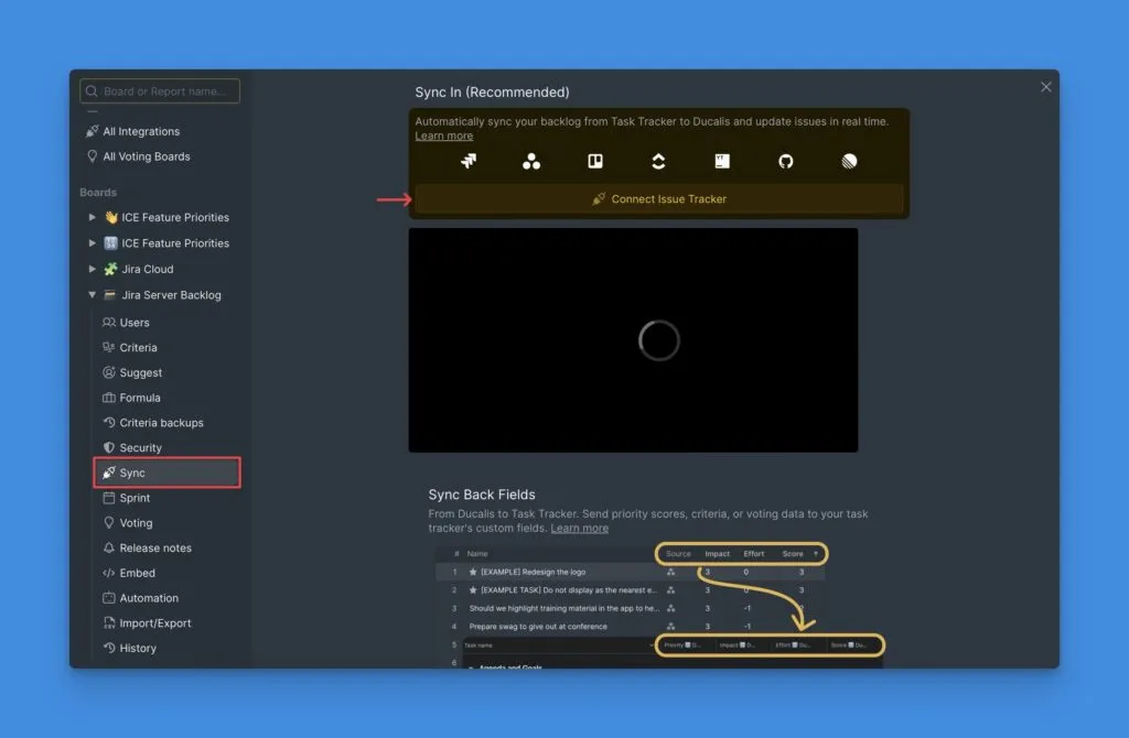 Кнопка Connect Issue Tracker в настройках синка
