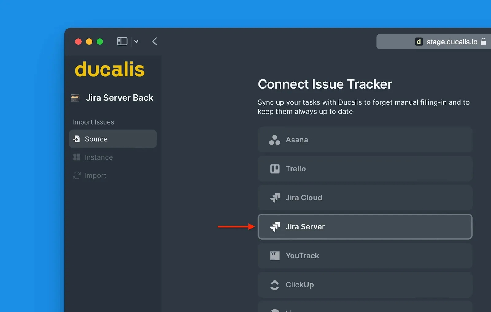Выбор источника с опцией Jira Server