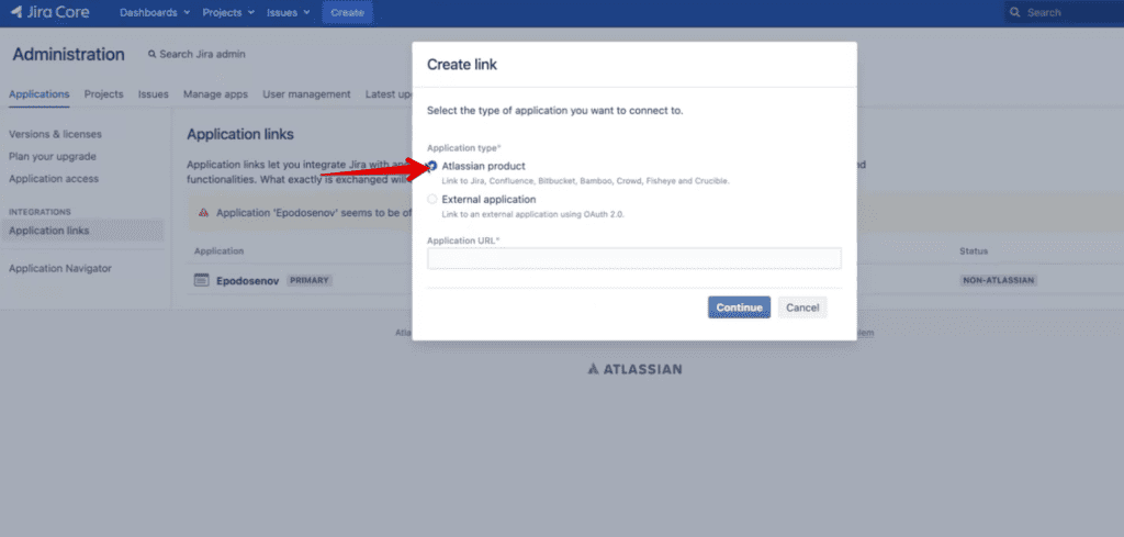 Выбор Atlassian Product с полем Application URL