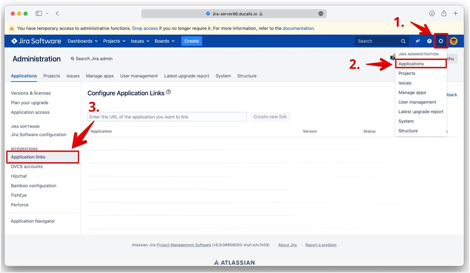 Опция Application links в администрировании Jira Server
