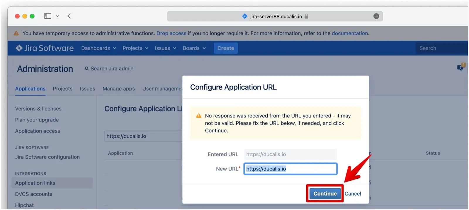 Диалог Configure Application URL