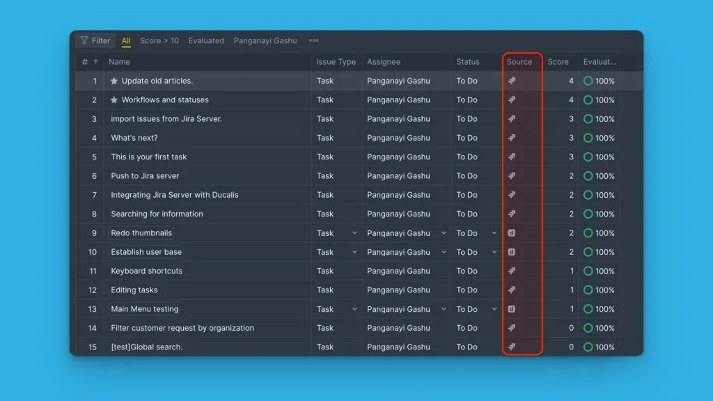 Иконки задач, показывающие источники приложения и Jira