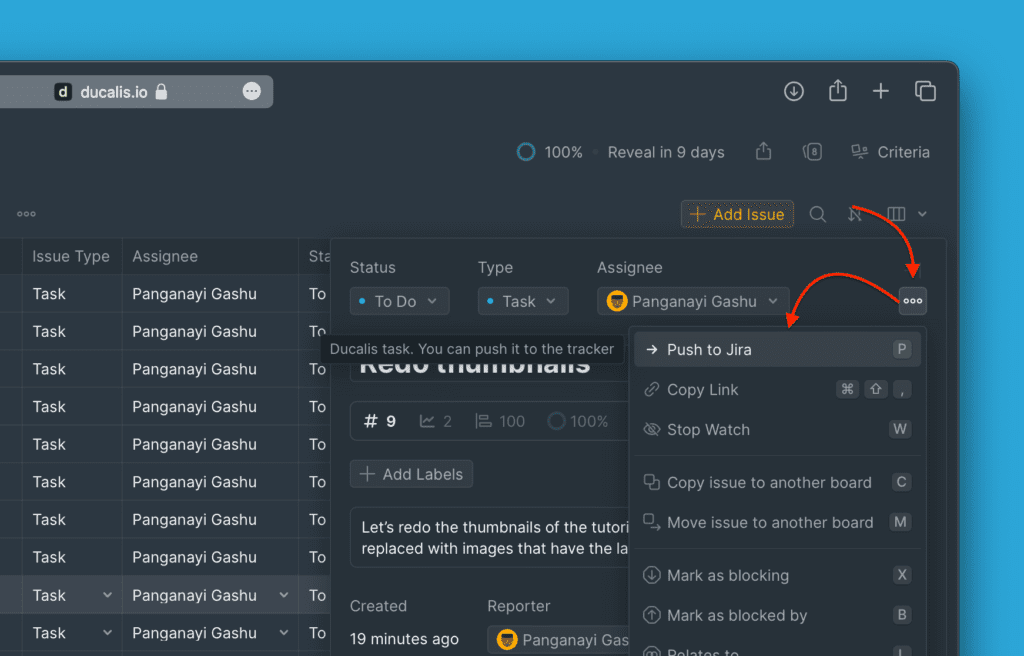 Опция Push to Jira в меню с многоточием