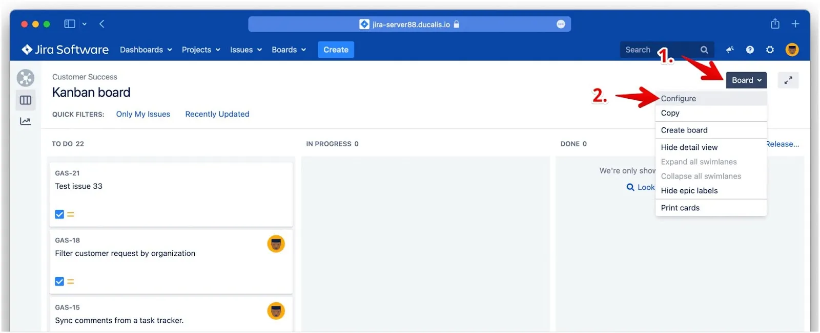 Меню доски с опцией Configure