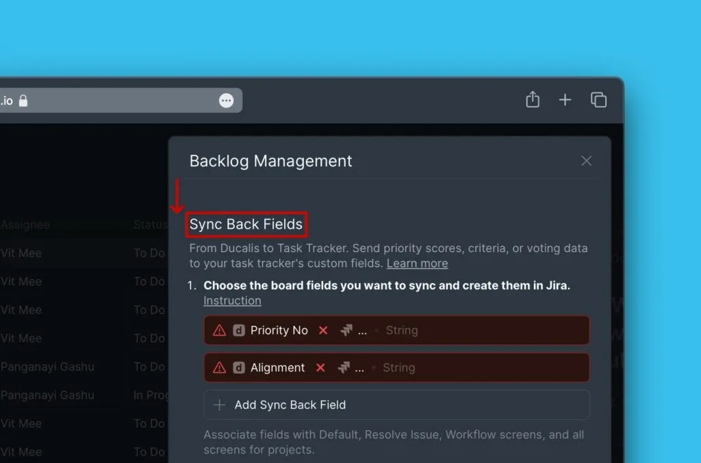 Интерфейс сопоставления полей обратного синка