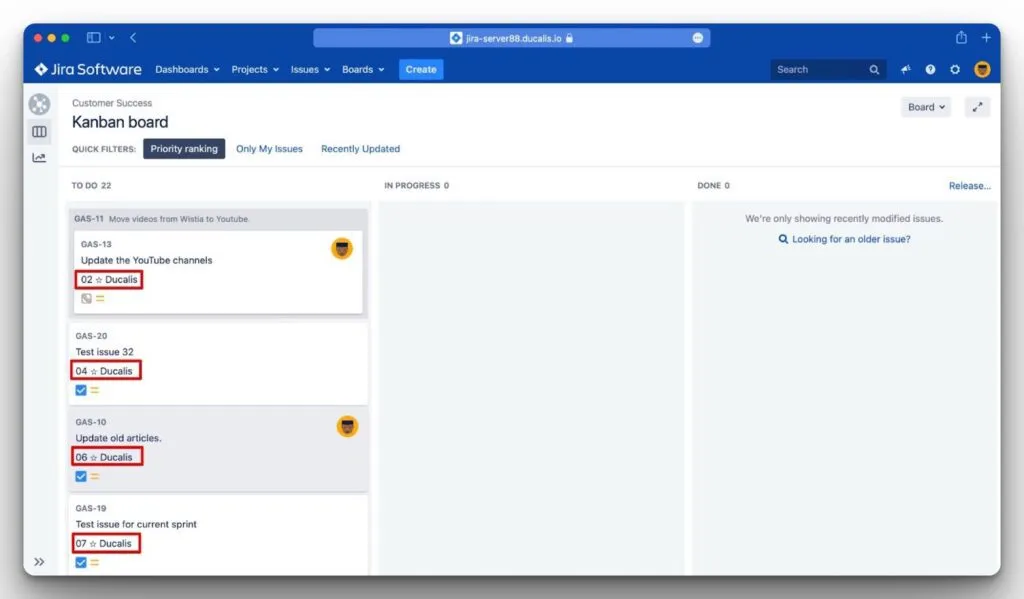 Бэклог Jira Server отсортирован по ранжированию приоритета