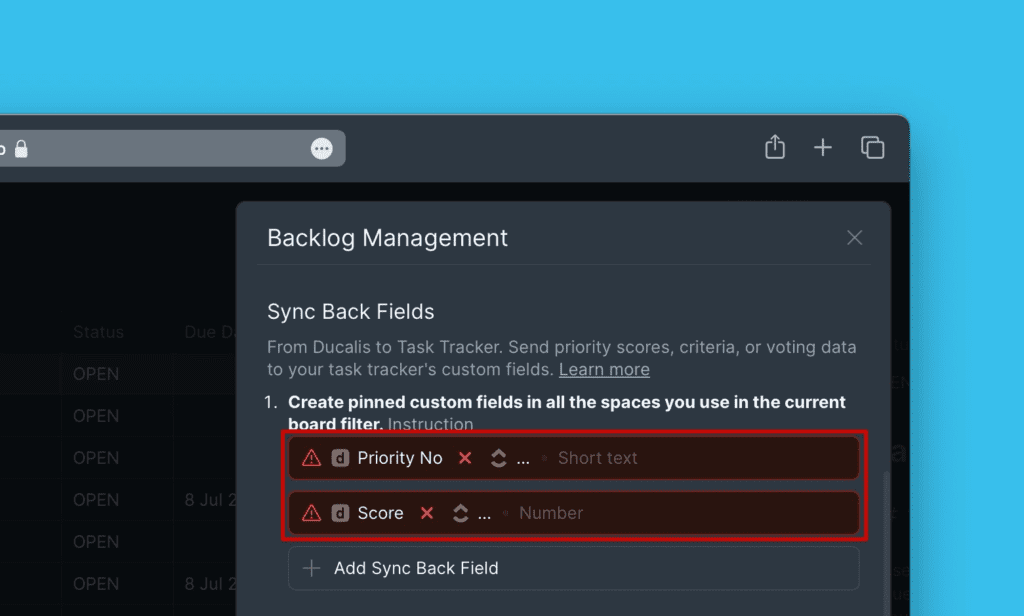 Раздел Sync Back Fields с полями по умолчанию