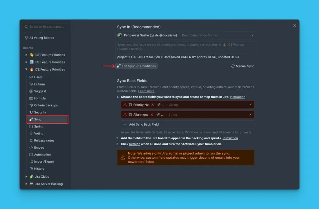 Кнопка редактирования условий входящего синка
