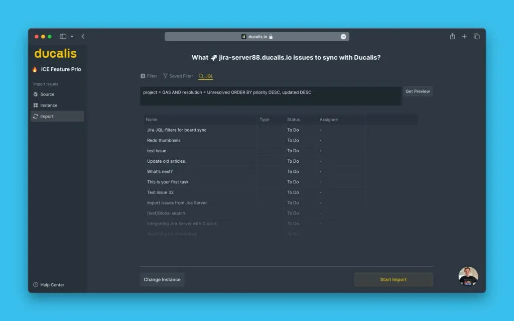 Предпросмотр Задач, соответствующих фильтру JQL