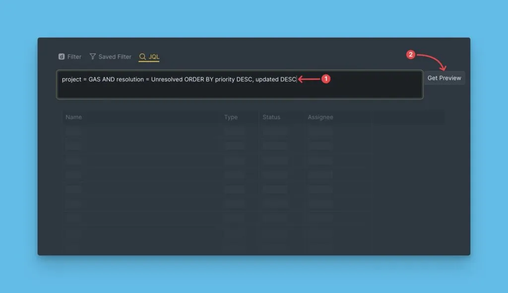 Вставка JQL-запроса и получение предпросмотра