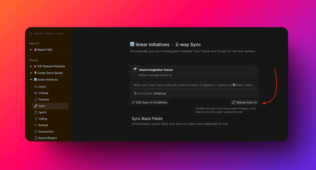 Кнопка Manual Sync-In для Linear Initiatives