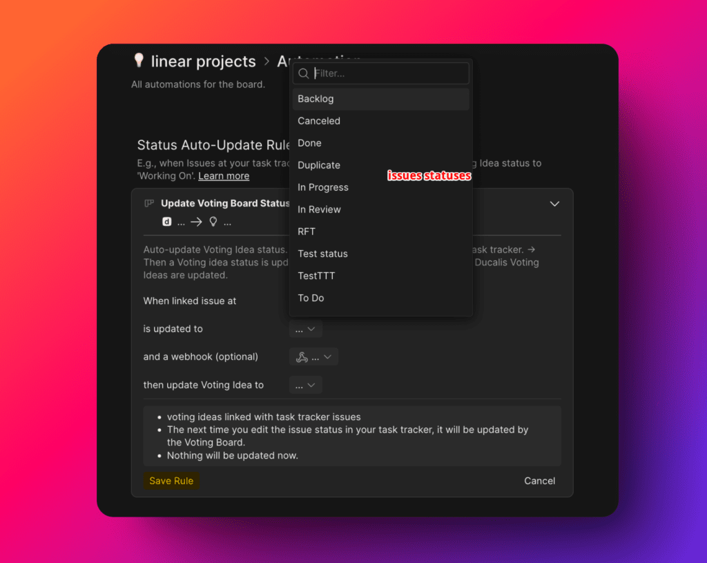 Настройка правил автоматического обновления статусов