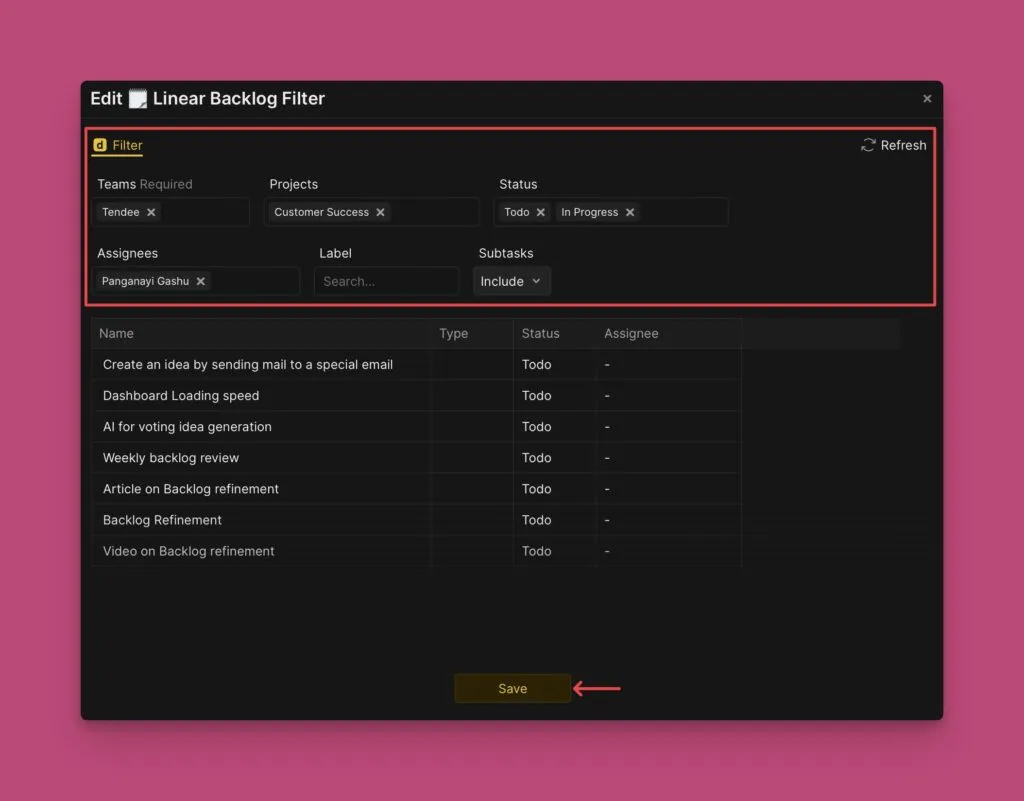 Сохранение изменений фильтра