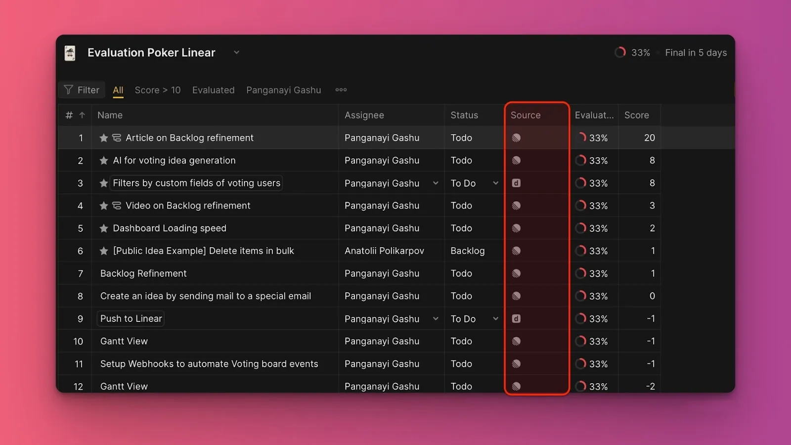 Доска с задачами, отмеченными иконками продукта и Linear
