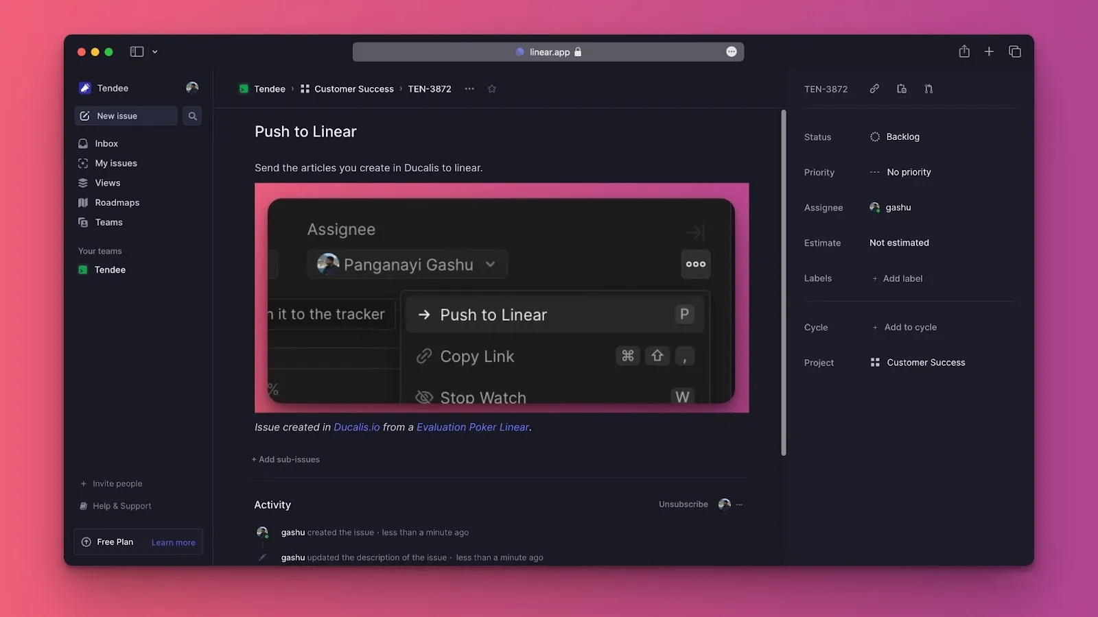 Задача создана в Linear