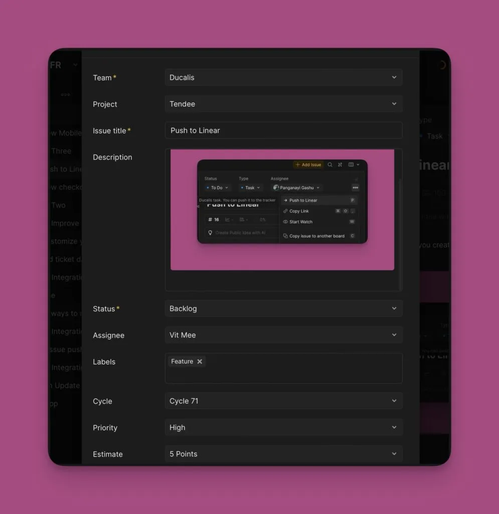 Форма создания задачи Linear