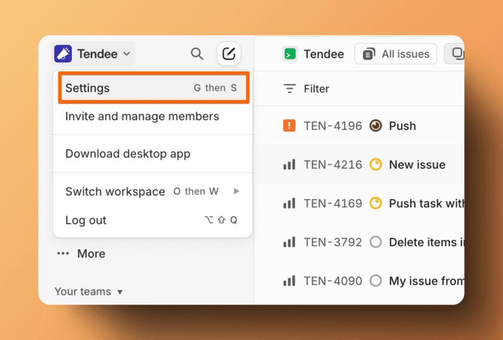 Меню настроек Linear