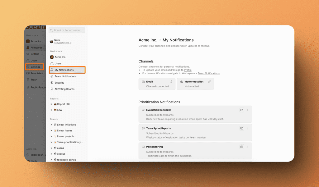 Меню настроек с выделенным разделом Личные уведомления
