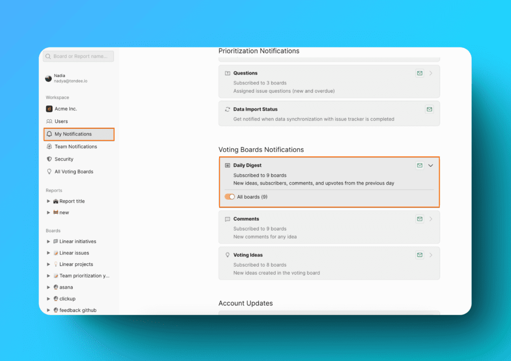 Навигация к настройкам ежедневного дайджеста