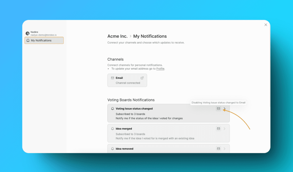 Страница настроек уведомлений с переключателями