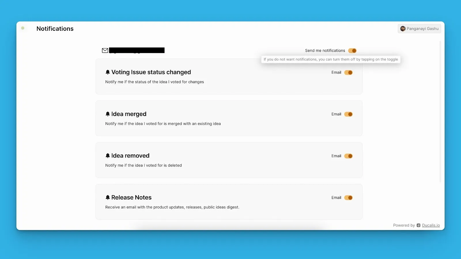 Страница настроек уведомлений с включёнными уведомлениями