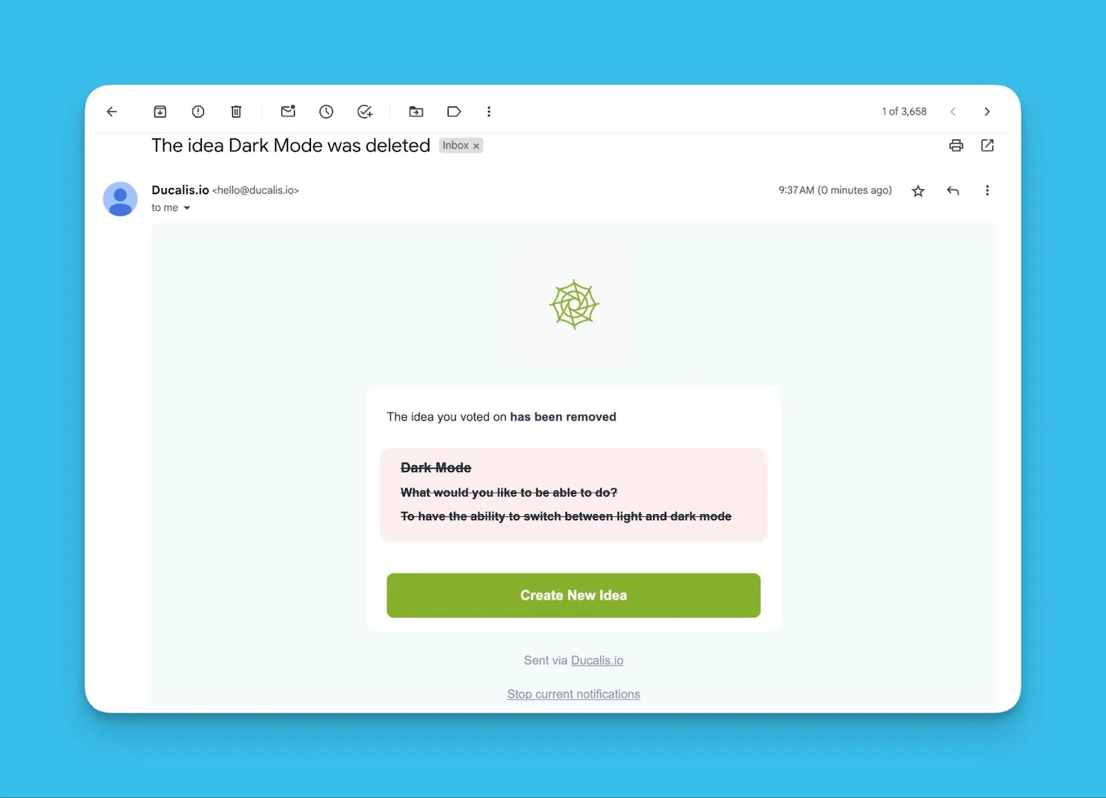 Email-уведомление об удалении Идеи