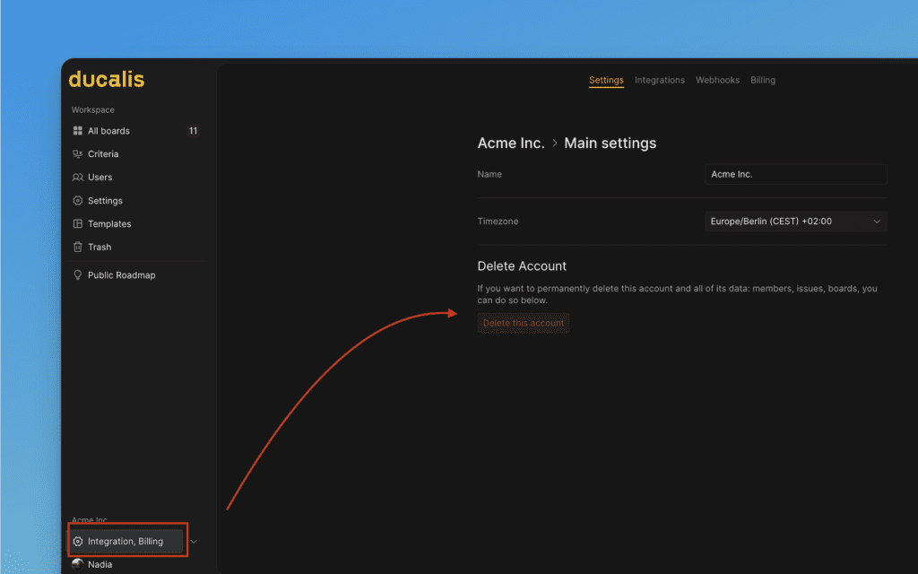 Кнопка Delete this account
