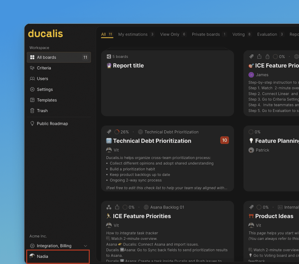 Меню аватара с настройками аккаунта