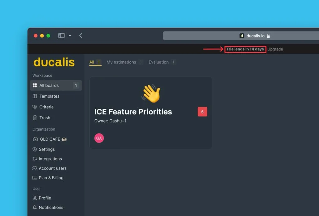 Счётчик пробного периода в верхней части экрана