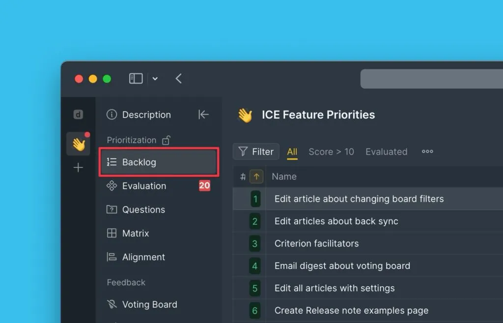 Страница Бэклога