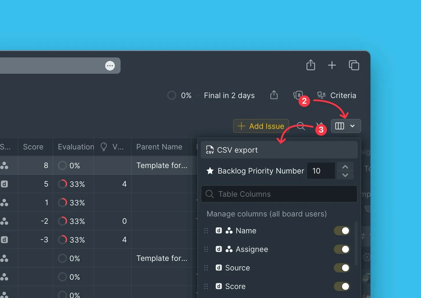 Расположение кнопки Экспорт CSV