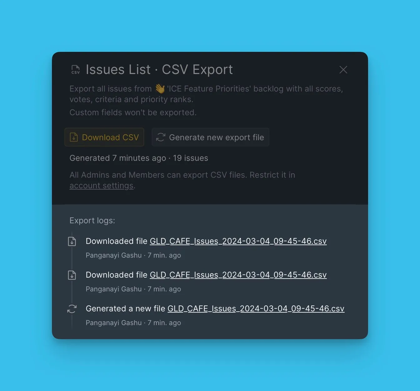 Лог экспортов, показывающий историю экспортов